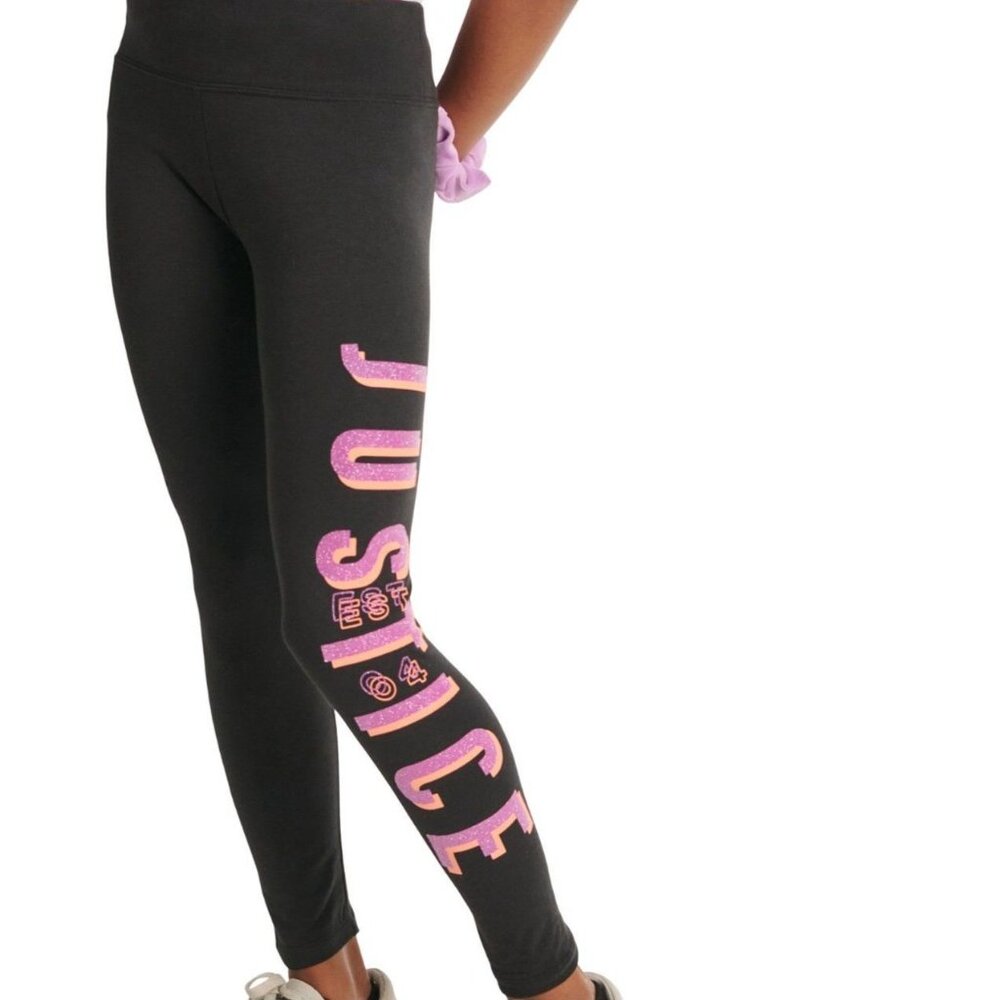 NWT Justice Girls Black Glitter Graphic Logo Leggings Size S 7 8
